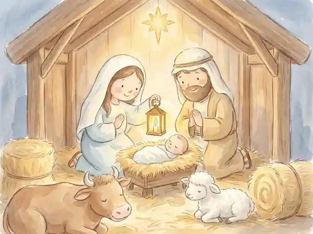Ilustración en acuarela: María y José junto al niño Jesús en el pesebre, con un buey y una ovejita