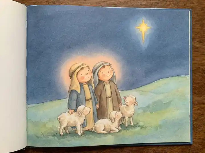 Página del libro: dos pastorcitos con sus ovejas miran la estrella